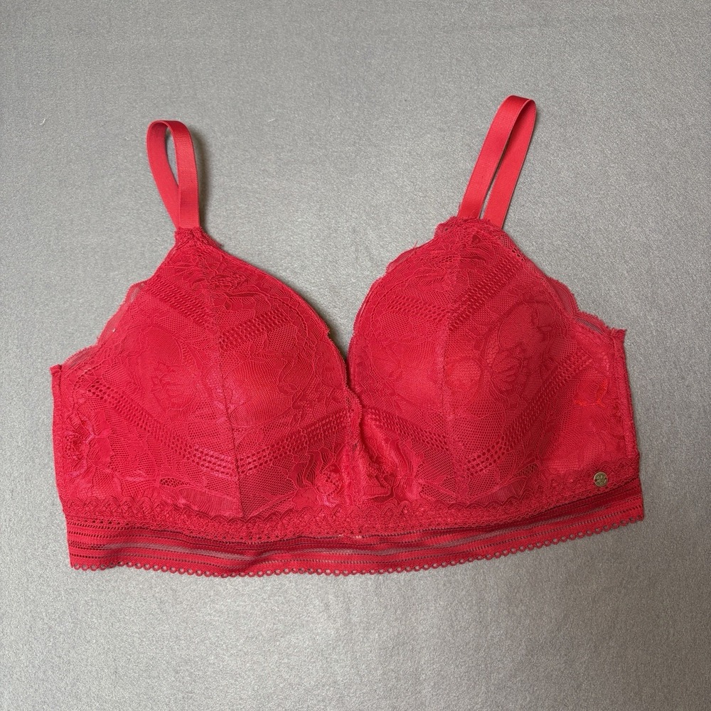 Lucky Brand Red Lace Wireless Wire Free Lightly Padded Adjustable Strap Bra 38D